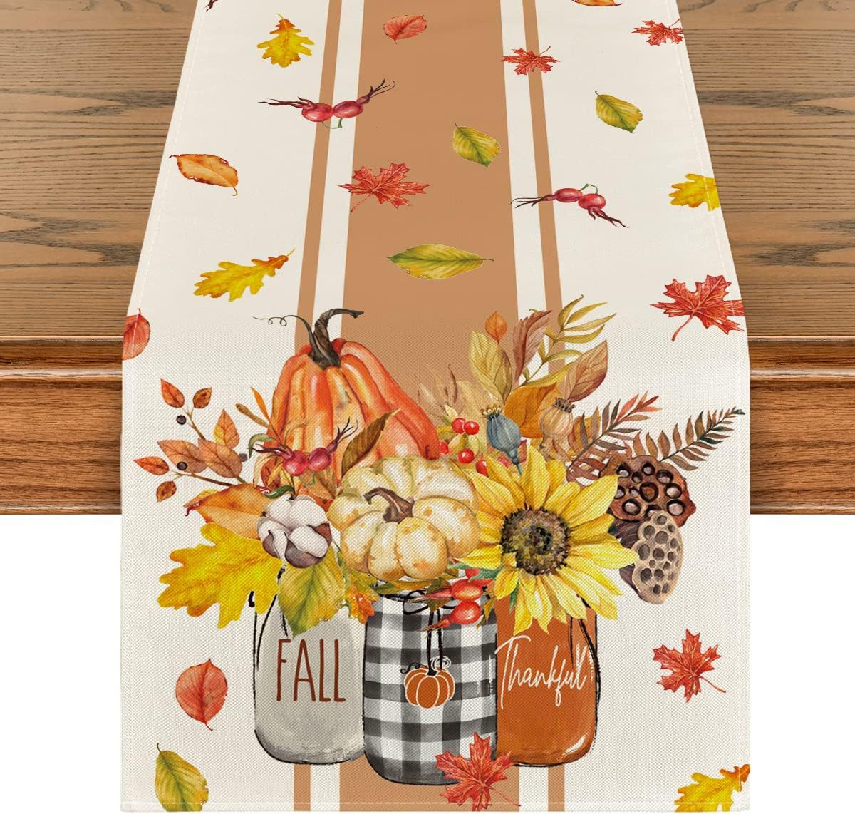 Fall Thanksgiving Table Runner Pumpkin and Flowers