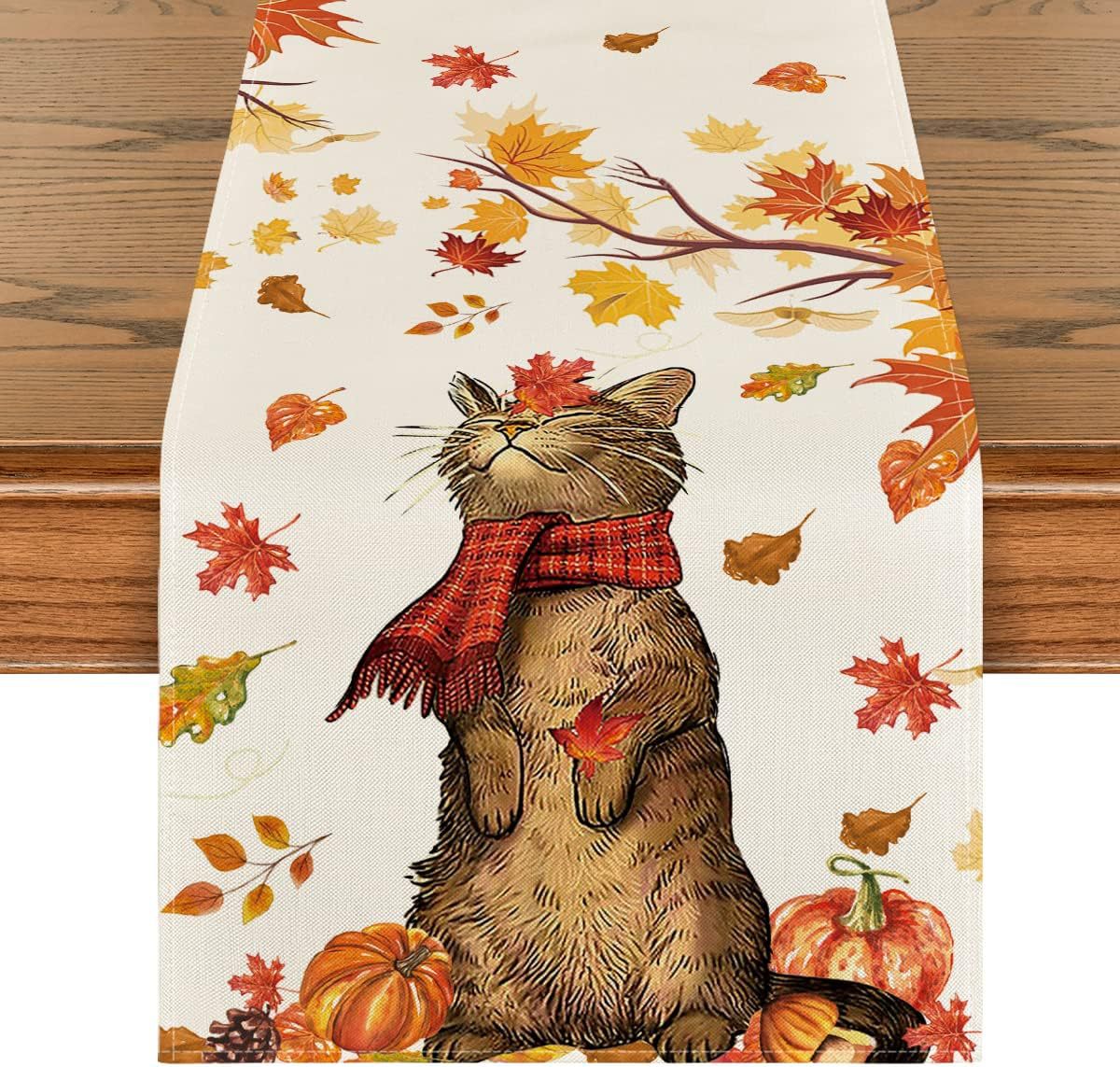 Fall Thanksgiving Table Runner Cat